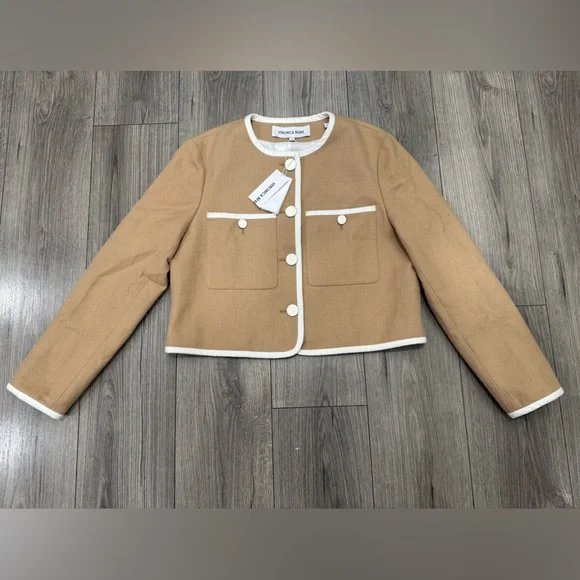 Veronica Beard Beale Contrast Detail Cotton Blend Tweed Jacket in Khaki Size 14 - Picture 7 of 14